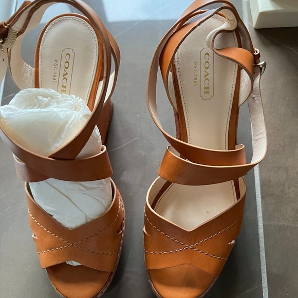 Coach Wedge Sandals, Size 8 M, Tan Leather - Picture 1 of 5